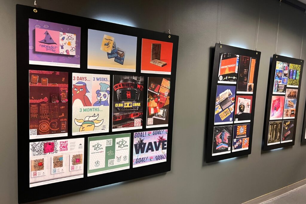 Walls on the third floor of Building N featured over 100 pieces of student artwork selected after the second juried exhibition judging process. 