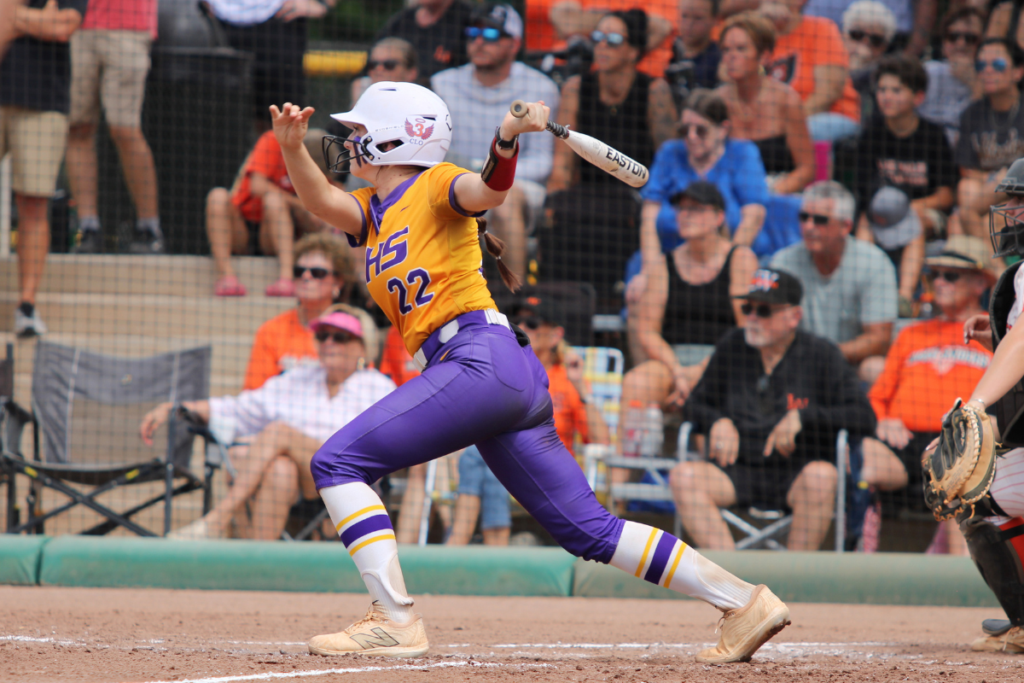 Emily Delgado rips one to the opposite field for a two RBI triple in the state championship.