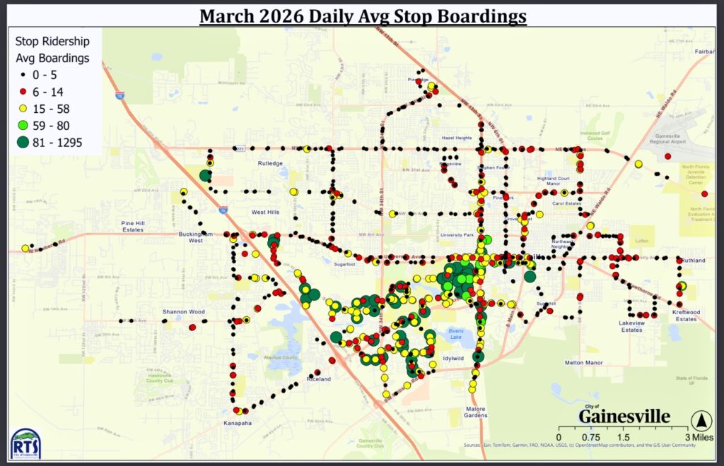 A RTS map shows which bus pickup locations are the most used. Courtesy of RTS