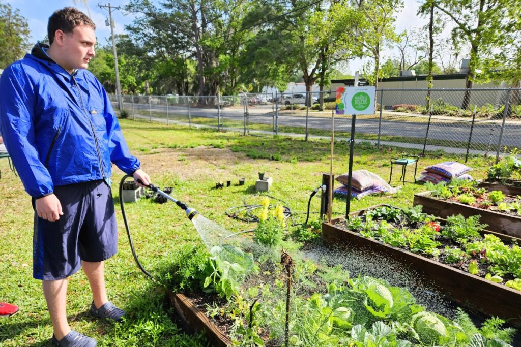 A student watering the garden at Sidney Lanier School. Courtesy of ACPS