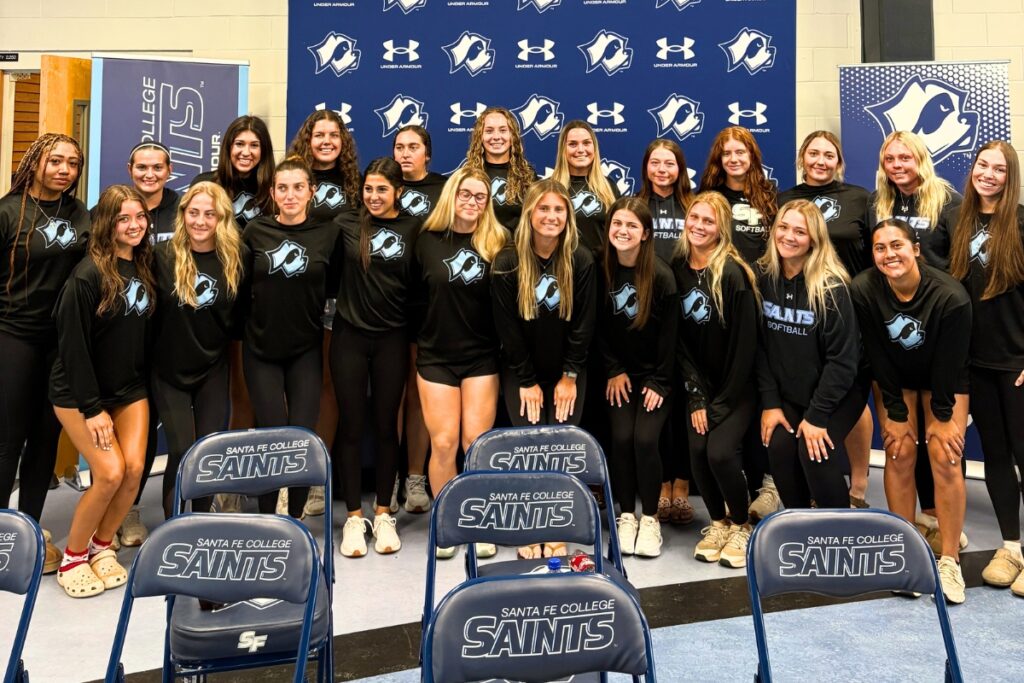 A team photo of the Santa Fe College softball team as they prepare to watch the NCAA Selection Show on May 19. Courtesy of Jackson Matyczyk 