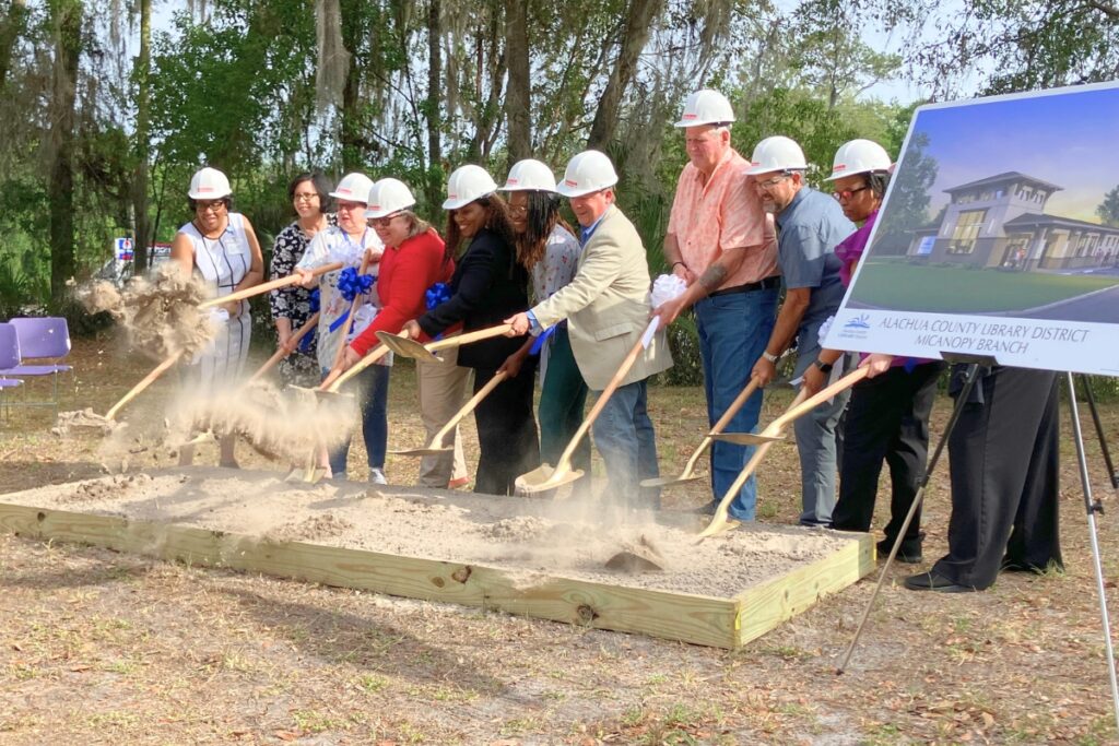 Alachua County and library commissioners and library district administrators break ground on Micanopy's first stand-alone librar