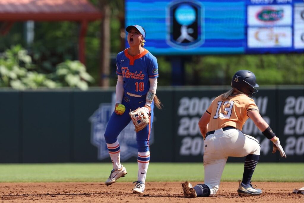 UF second baseman Gabi Comia (10) is fired up after a second-inning double-play helped erase an early Georgia Tech threat in Saturday's 8-0 win.