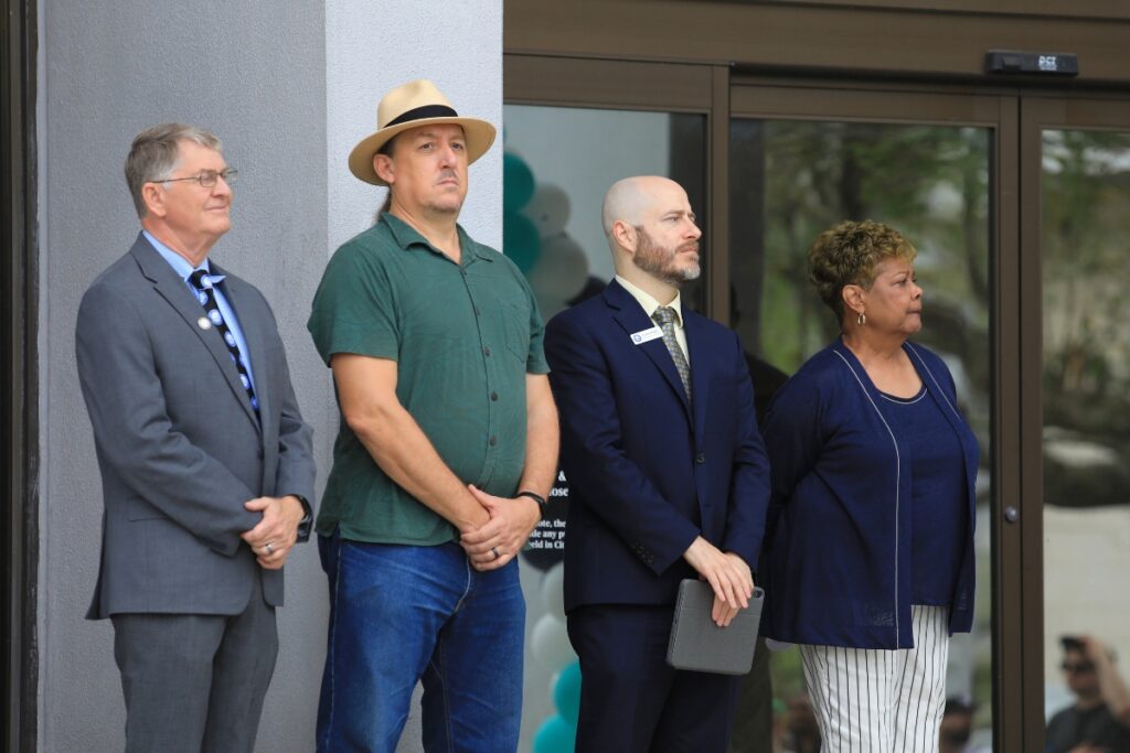 From left, commissioners Ed Book, James Ingle, Casey Willits and Cynthia Chestnut attended the City Hall Plaza reopening. Photo by Seth Johnson