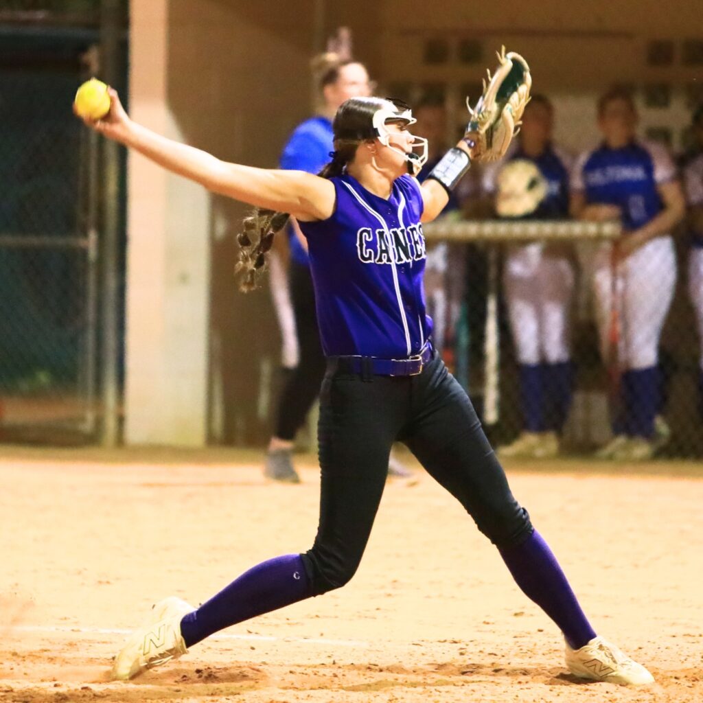 Gainesville's Aubrey Huddleston (12) pitched in the sixth inning against Deltona in the 5A-District 5 championship game. Photo by C.J. Gish