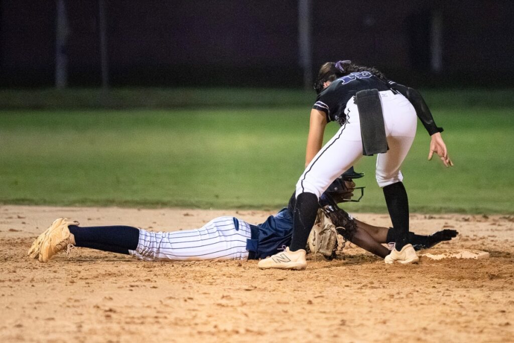 Gainesville's Lana Renicks (15) with a tag at second base against Wesley Chapel in the 5A-Region 2 Semifinals. Photo by Tim Rodriquez