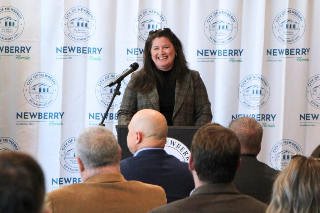Jessica Norfleet, speaking at an event in November 2025, was appointed to the Newberry Community School Board on Monday. Photo by Lillian Hamman