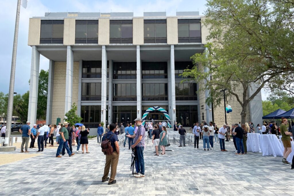 Residents and officials gather for the reopening of City Hall Plaza. Photo by Seth Johnson