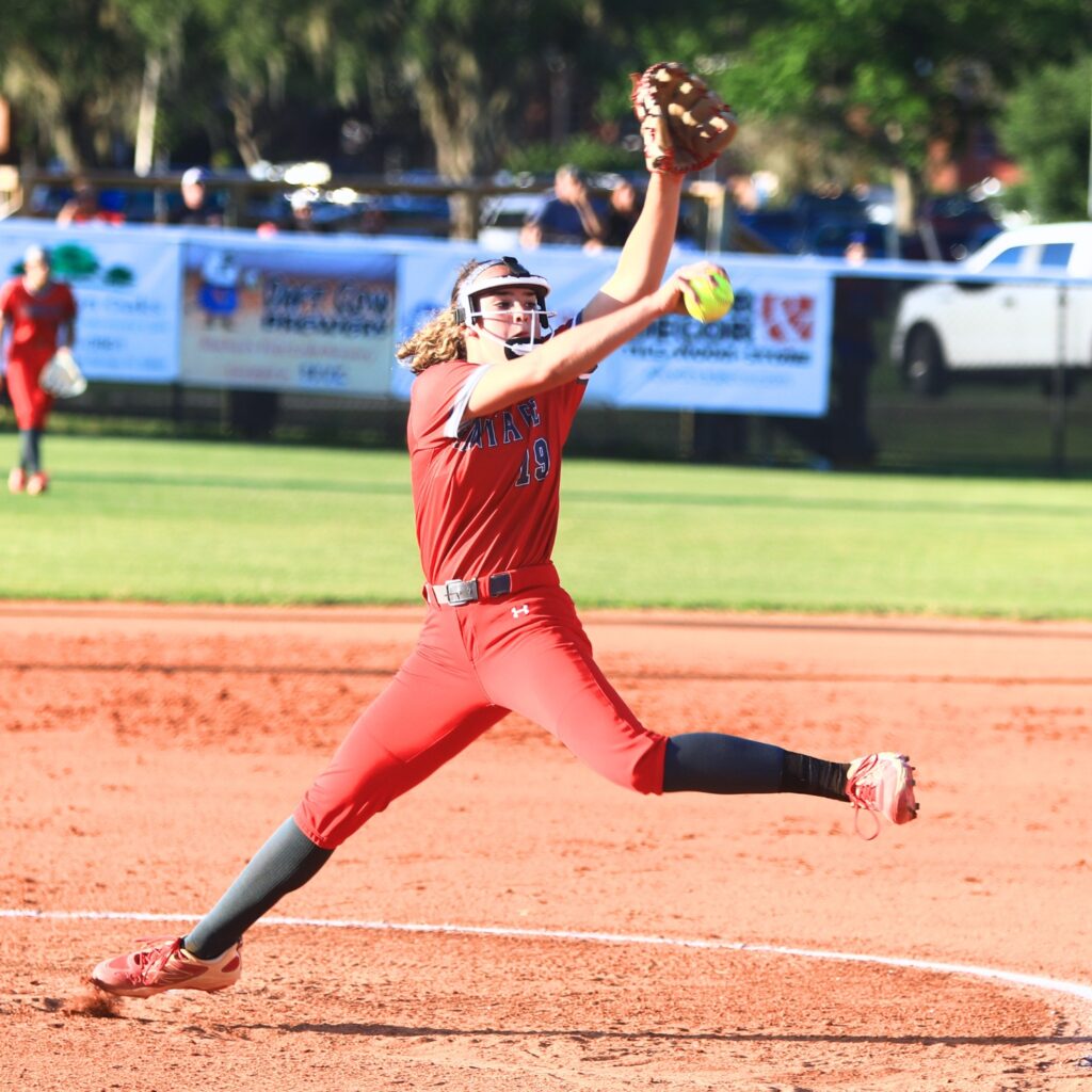 Santa Fe pitcher Rylee Swilley (19) started in the circle against Eustis in the 3A-Region 2 Final. Photo by C.J. Gish