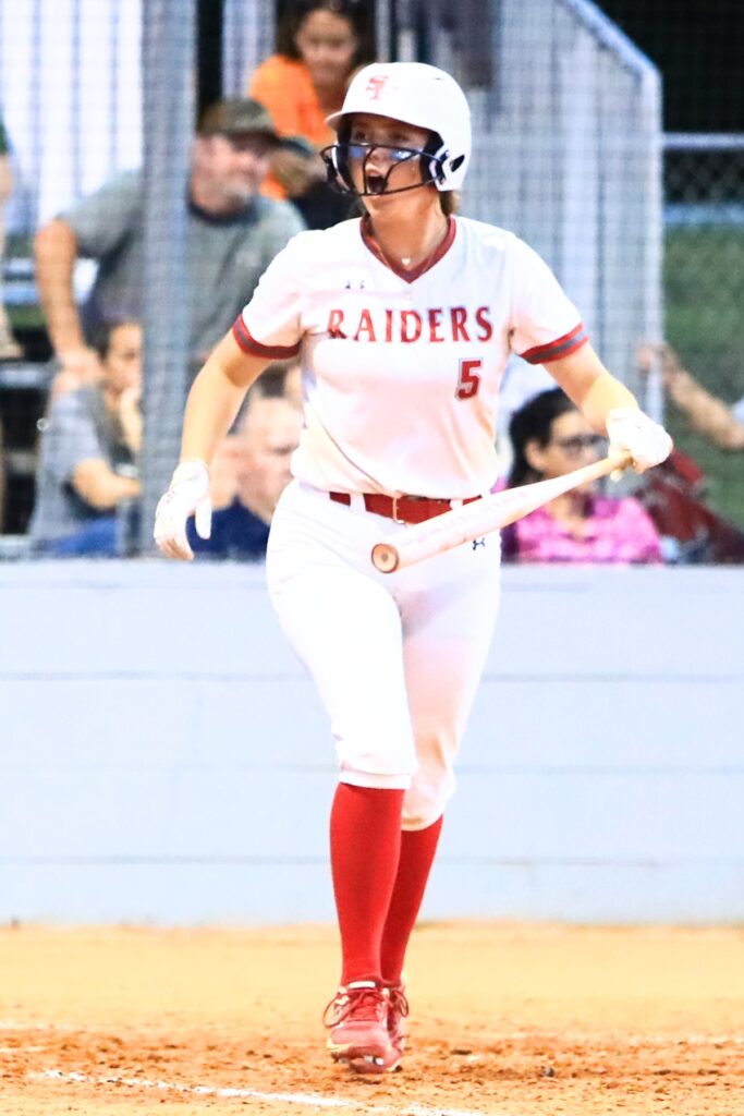 Santa Fe's Ainslea Kelsoe (5) draws a bases-loaded walk in the sixth inning for a 6-0 lead against Mount Dora in the Class 3A-Region 2 Quarterfinals. Photo by C.J. Gish