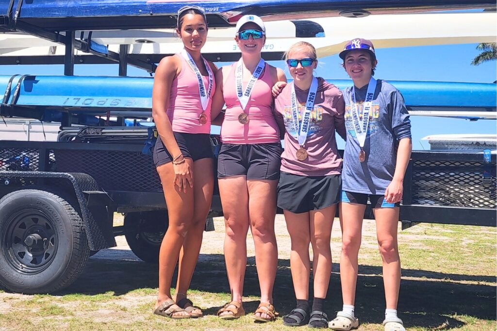 The Gainesville Area Rowing Women's 4x team with Eva Bailey, Sadie Parker, Brooklyn Hillman and Annie Massini. Courtesy of Georgia Bianchi
