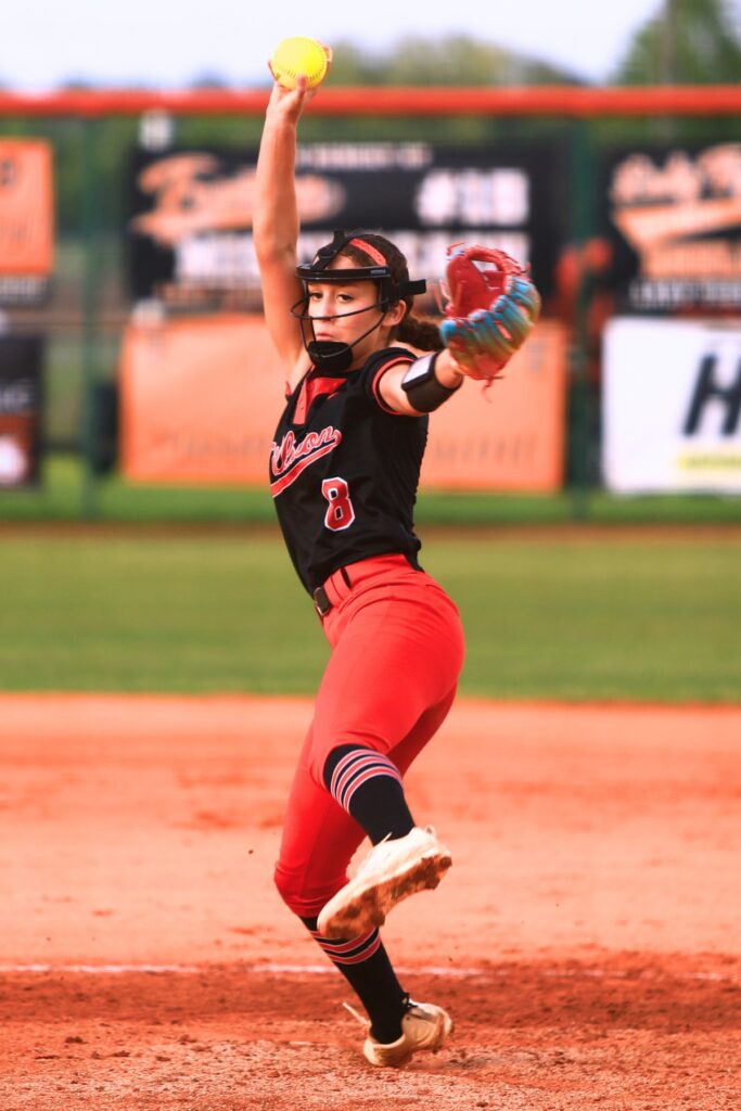 Williston pitcher Luna Asencion (8) started in the circle against Trenton in the Rural-Region 4 Final. Photo by C.J. Gish