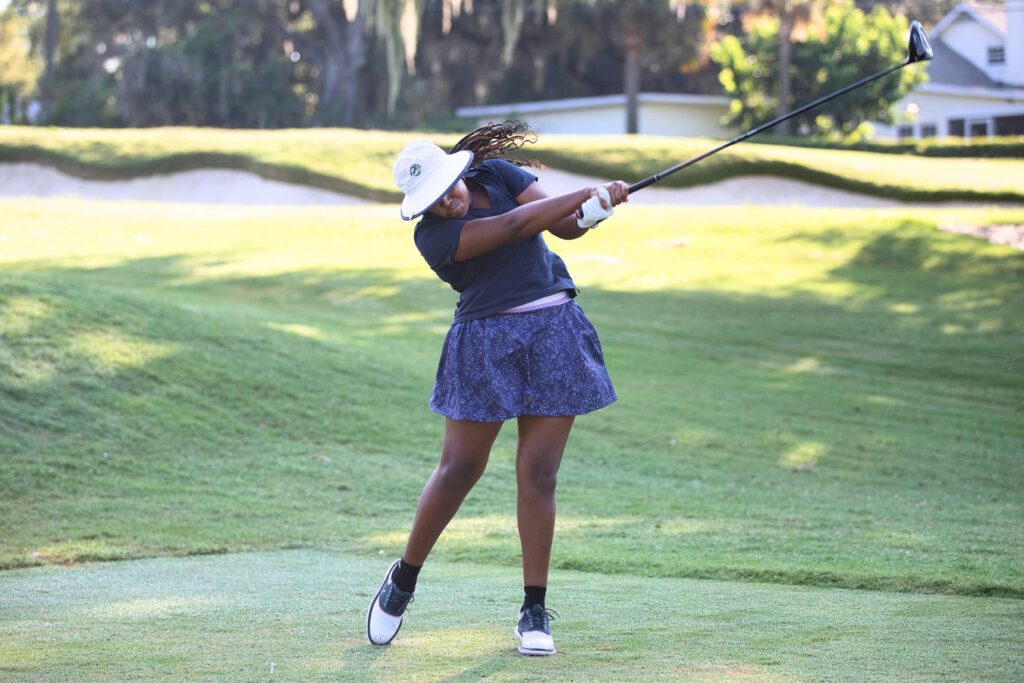 Alyssa Cleckley of Royal Palm Beach tees off on Tuesday during the Underrated Golf Tour at the Mark Bostick Golf Course in Gainesville. Photo by Megan V. Winslow