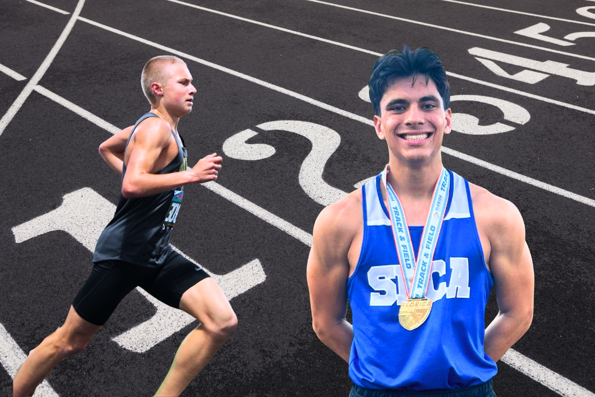 Buchholz's Samuel Freas (left) and Saint Francis Catholic Academy's Dominick Diaz were selected to the 2026 Bosshardt Realty Boys Track and Field All Area team. Graphic by C.J. Gish (1)