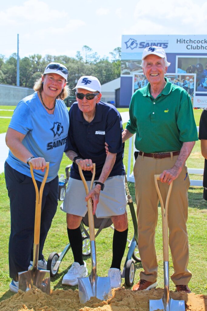 (From left) Santa Fe College AD Chanda Stebbins, former SF baseball coach Harry Tholen and Scott Whitaker took part in the ceremony.