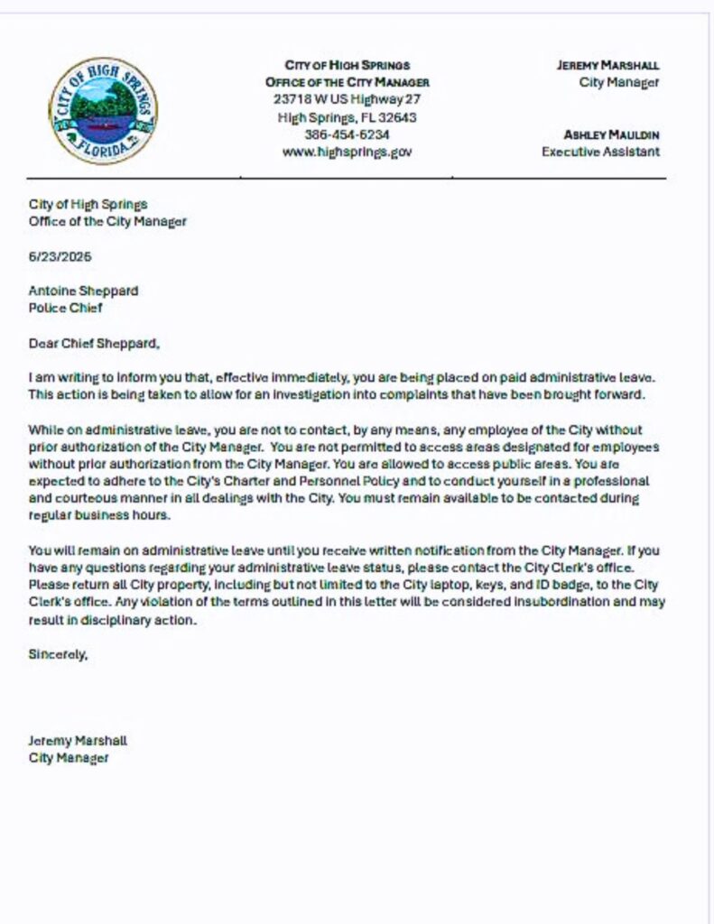 High Springs letter putting Antoine Sheppard on paid administrative leave.