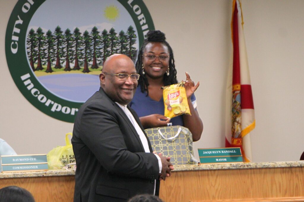 Jacquelyn Randall received a bag of chips as a gift for nearly seven years on Hawthorne's dais and as mayor.