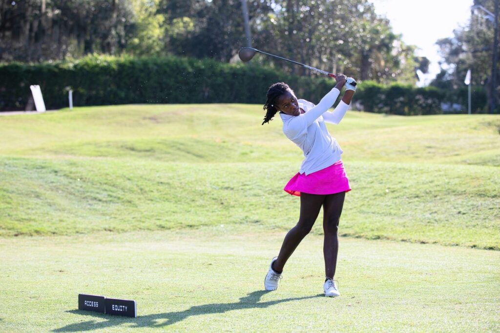 London Leonard of Pike Road, Alabama, tees off on Tuesday during the Underrated Golf Tour at the Mark Bostick Golf Course in Gainesville. Photo by Megan V. Winslow
