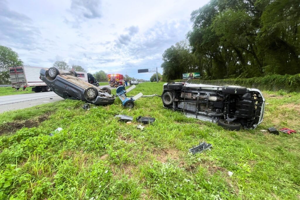 One person was critically injured when his vehicle, which was towing another vehicle, overturned near Mile Marker 390 on southbound I-75 on Sunday evening. Courtesy of ACFR
