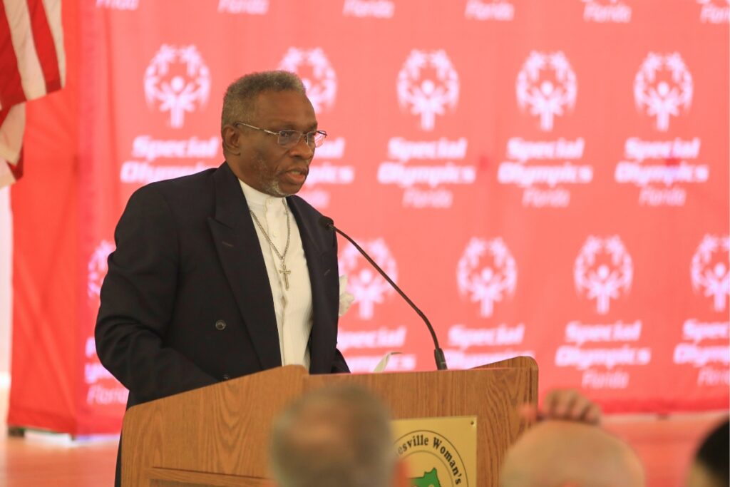 Rev. John Brown, who coached in the Special Olympics, introduced speakers as Thursday's sendoff emcee.