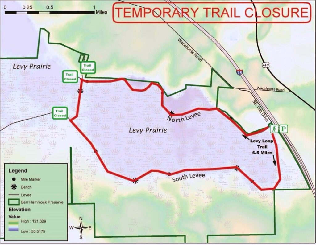 Temporary trail closure at Levy Loop Trail at Barr Hammock Preserve.