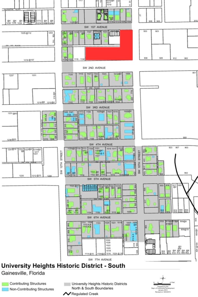 The Verve, in red, would fit into an enclave of the University Heights Historic District - South. Courtesy City of Gainesville