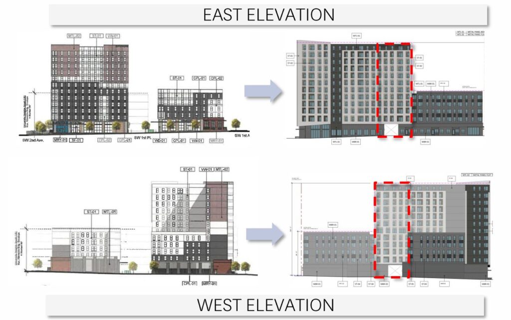 The changes from the 2023 plans, left, to the 2026 plans, right, shows additional square footage used for more units outlined in red. Courtesy City of Gainesville
