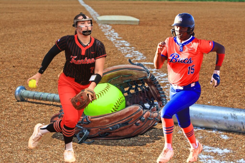Trenton's Addison Allaire (left) and Branford's Mallory Blue were selected to the 2026 Bosshardt Realty Small School All Area Softball Team. Photos and graphic by C.J. Gish