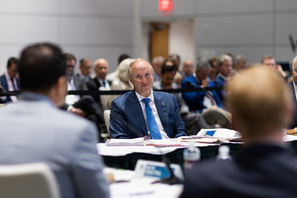Stuart Bell answers questions at the Board of Governors meeting.