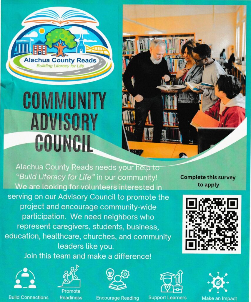 Alachua County Reads seeks volunteers interested in serving on its Community Advisory Council. Alachua County Reads