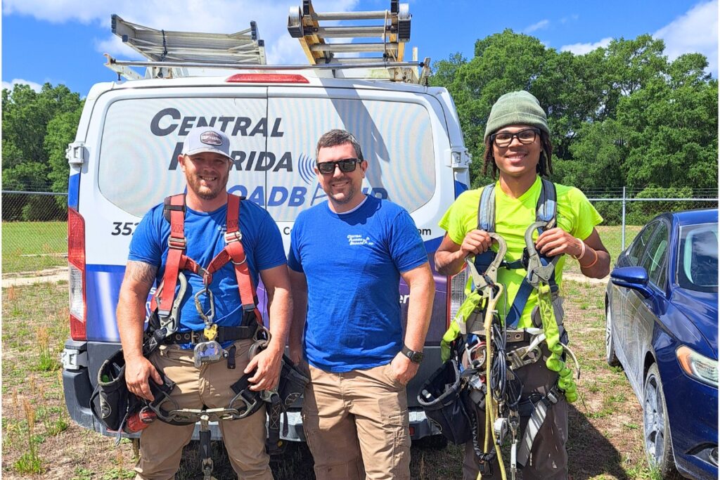 (From left) Joel McBride (fiber technician), Andrew Ritz (owneroperator) and Tristen O'Neal, who graduated in October 2025 and is an employee of Central FL Broadband.