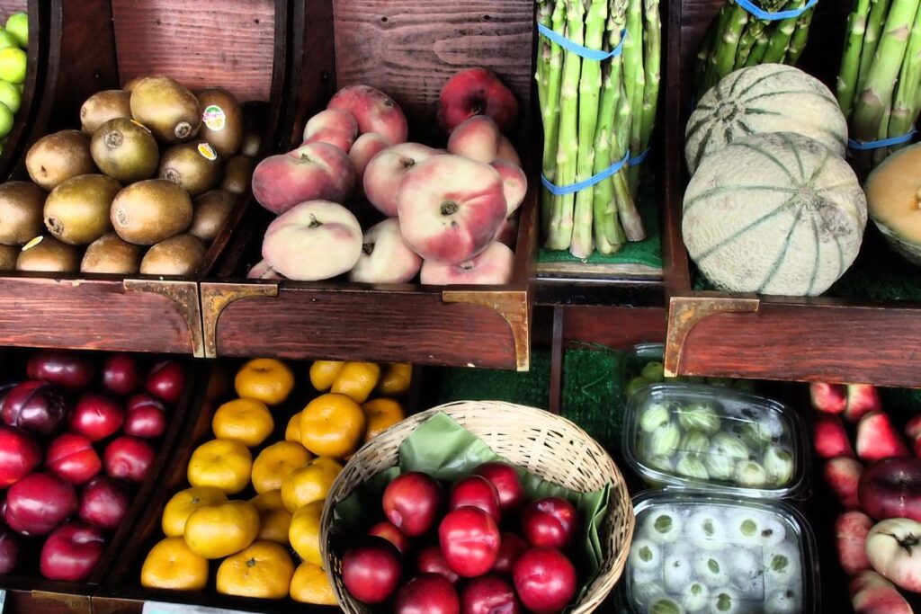 Fruits and vegetables for sale in produce section