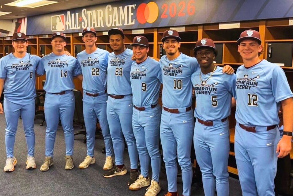 Newberry's Tavis Honeycutt (fourth from left) with the other high school players at the MLB High School Home Run Derby on July 10. Courtesy of Michele Spina-Honeycutt