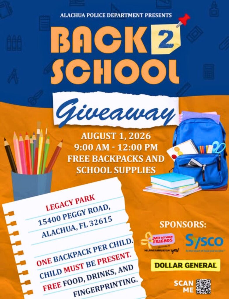School supplies giveaway to run alongside community health fair at Legacy Park. Courtesy Alachua Police Department