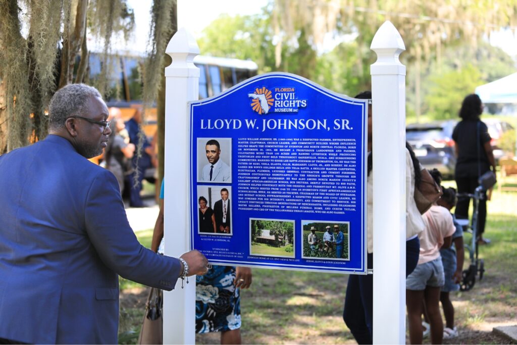 A marker from the Florida Civil Rights Museum commemorates Lloyd Johnson's role in the Evinston community. Photo by Seth Johnson