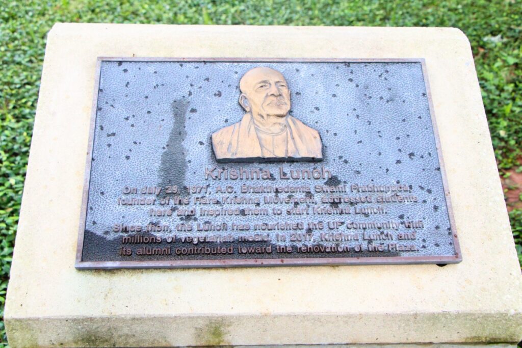 A monument in UF's Plaza of the Americas marking the founding of Krishna Lunch. Photo by Lillian Hamman