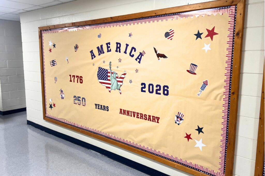 A patriotic-themed bulletin board seen in one of the hallways at Newberry Community School. Photo by Nick Anschultz