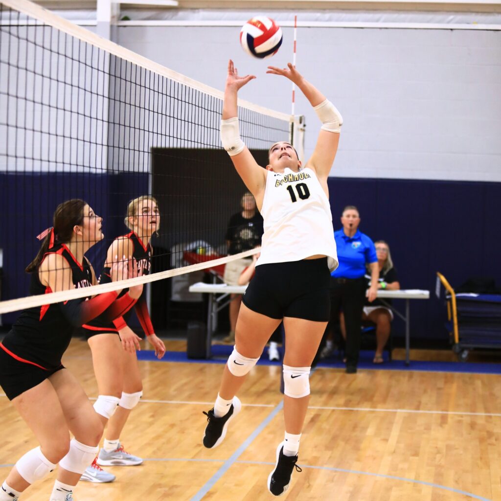 Buchholz's Sophia Lingis (10) with a set against Santa Fe at the Crafty Gemini Preseason Showdown on Thursday. Photo by C.J. Gish