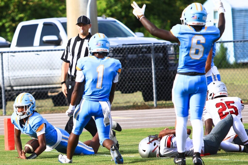 Chiefland quarterback Emarious Carter (2) dives into the end zone in the first quarter against Santa Fe Catholic (Lakeland) on Friday. Photo by C.J. Gish