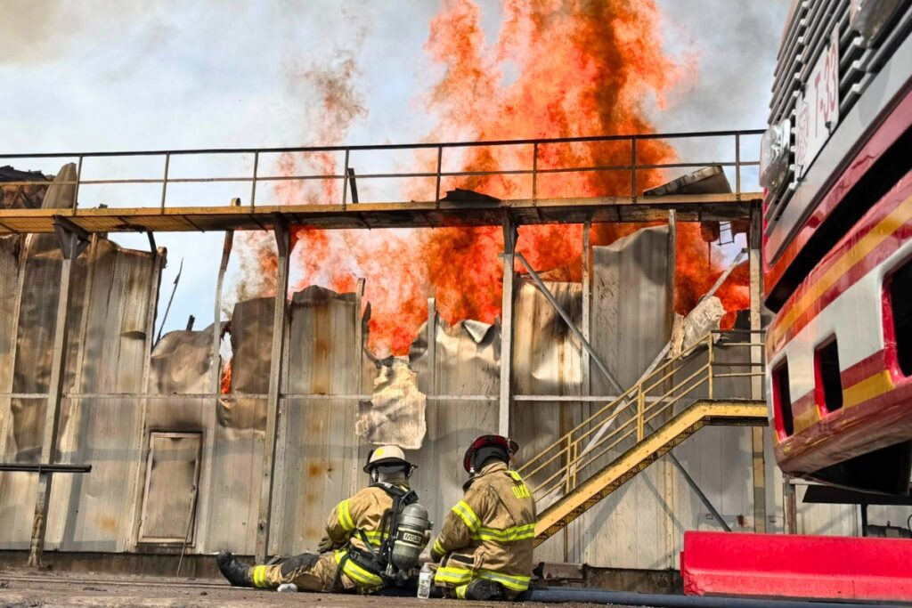 Firefighters battled the blazer that started at Suwannee Lumber Mill in Cross City on Sunday morning. Courtesy of DCFR