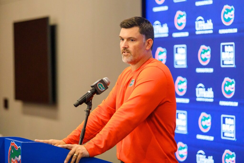 Florida defensive coordinator Brad White answers questions from members of the media during a preseason press conference at the Sanders Football Practice Facility in Gainesville on Tuesday.