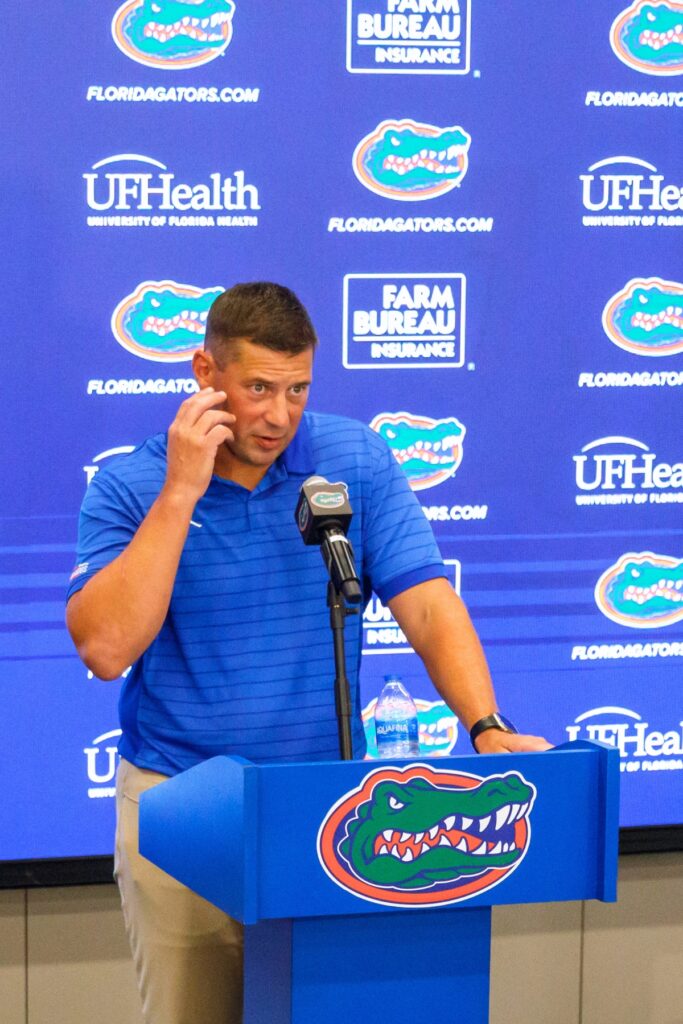Florida head coach Jon Sumrall speaks with reporters during a press conference at the Sanders Football Practice Facility in Gainesville on Tuesday. Photo by Walker Smith (1)