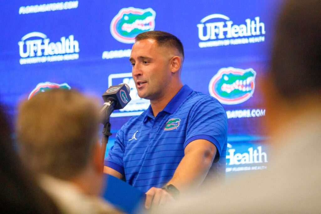 Florida special teams coordinator Johnathan Galante answers questions from members of the media during a preseason press conference at the Sanders Football Practice Facility on Tuesday.