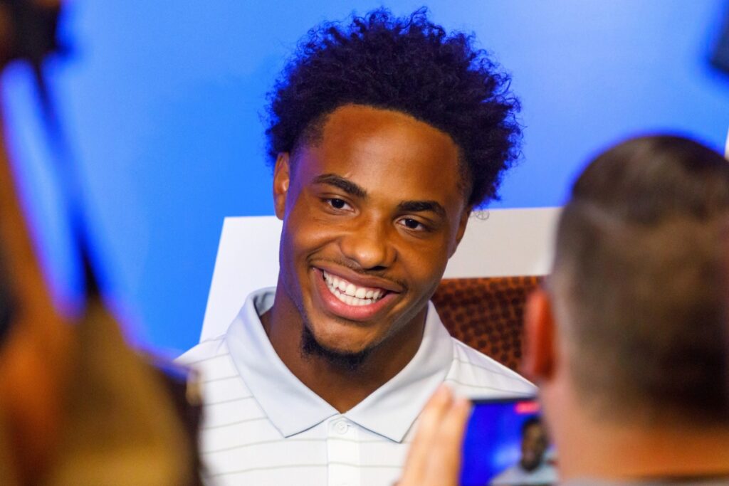 Florida wide receiver Dallas Wilson answers questions from members of the media about the upcoming football season at the Sanders Football Practice Facility in Gainesville on Tuesday.