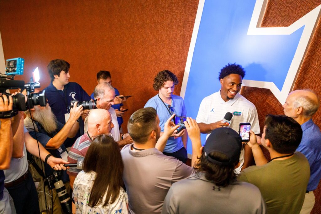Florida wide receiver Dallas Wilson jokes with members of the media during a preseason press conference at the Sanders Football Practice Facility in Gainesville on Tuesday.