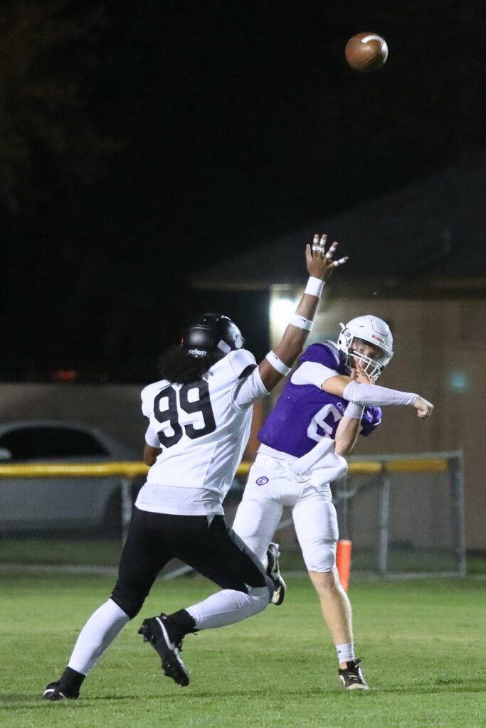 Gainesville quarterback Armarien Hubbert (6) launches a pass downfield against Ridgeview (Orange Park) on Thursday. Photo by Walker Smith