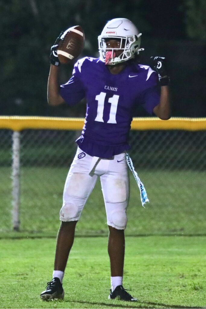 Gainesville's Anthony Jenkins (11) with a touchdown against Ridgeview (Orange Park) on Thursday. Photo by Walker Smith