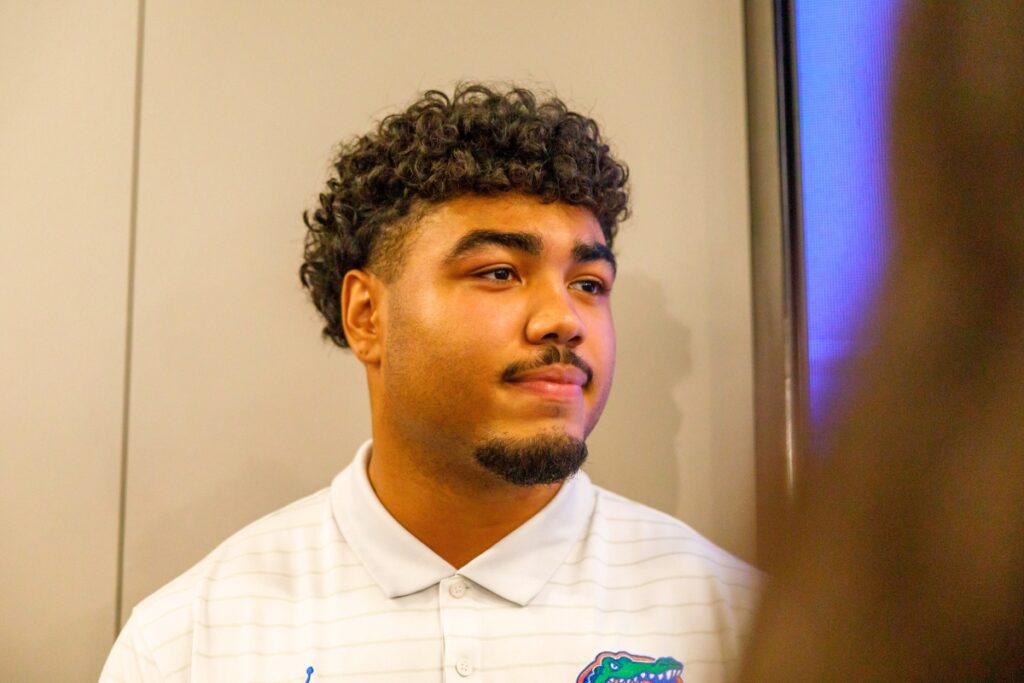 Jayden Woods answers questions from members of the media during a preseason press conference at the Sanders Football Practice Facility in Gainesville on Tuesday. Photo by Walker Smith