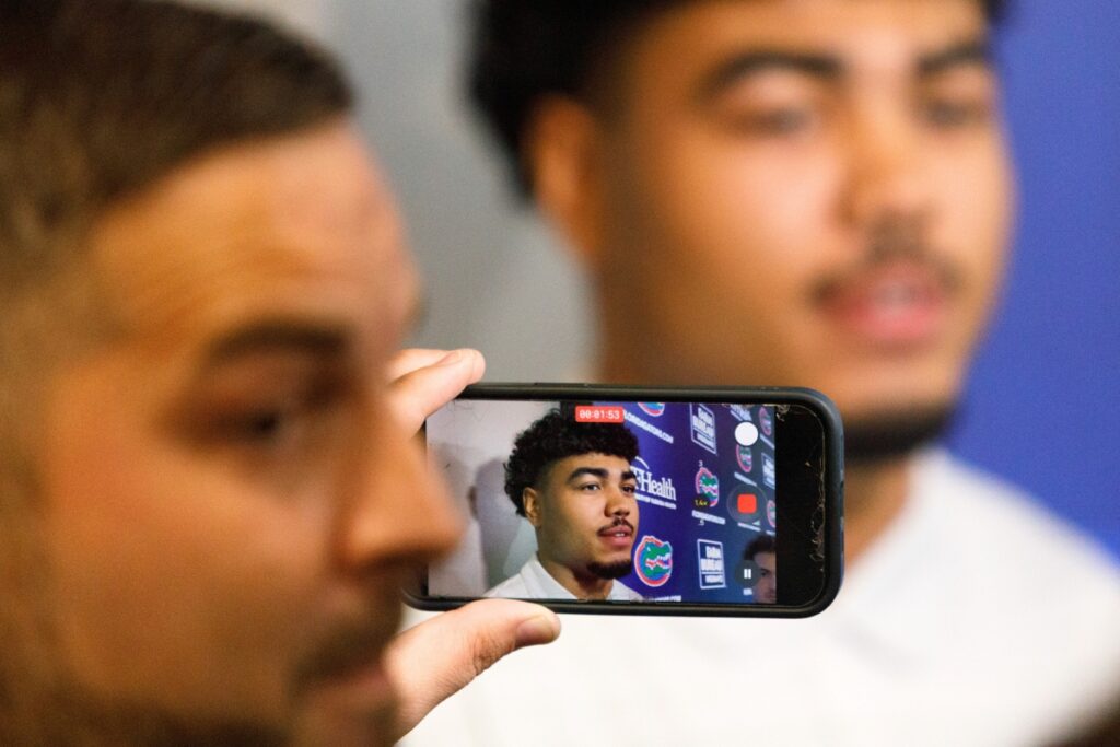 Jayden Woods answers questions from members of the media during a preseason press conference at the Sanders Football Practice Facility in Gainesville on Tuesday. Photo by Walker Smith
