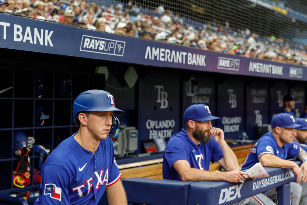 Wyatt Langford, a Trenton native, waits in the Texas Rangers dugout before his at-bat during a game against the Tampa Bay Rays on July 28, 2026, at Tropicana Field in St. Petersburg, Fla.. The Rangers defeated the Rays 4-1.